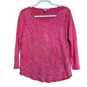 Lucky Brand Womens Size Medium Red Acid Wash Boho Embroidered Blouse